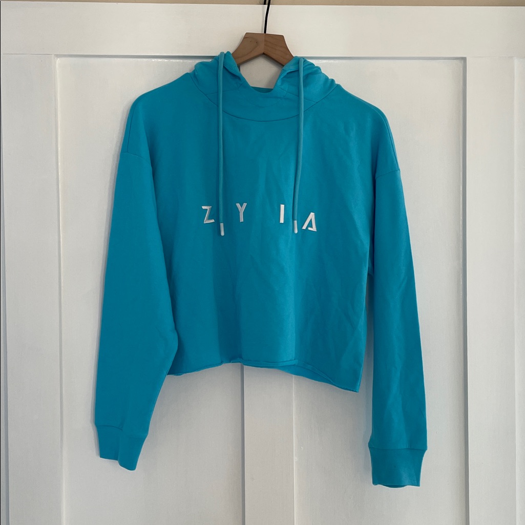 Zyia Active Raw Edge Crop Hoodie Embroidered Logo In Sky Blue Size M Nwt — image 2 of 8